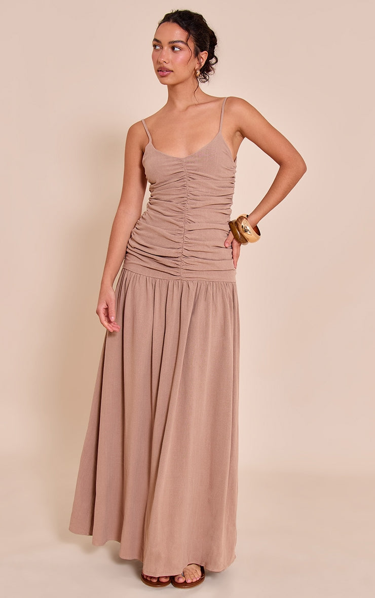 Taupe Textured Woven Ruched Detail Dropped Hem Maxi Dress