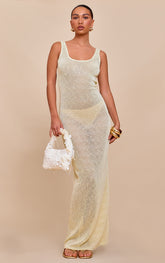 Lemon Sequin Sheer Racer Neck Maxi Dress