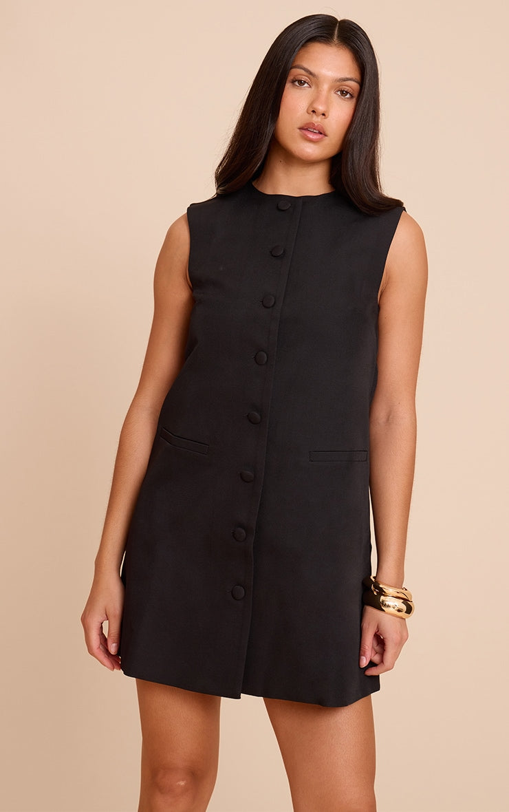 Black Tailored Woven Button Down A Line Mini Dress