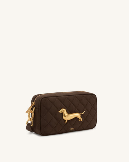 Riley Faux Suede Dachshund Quilted Shoulder Bag - Dark Brown