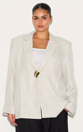 Plus Beige Button Detail Linen Boxy Blazer