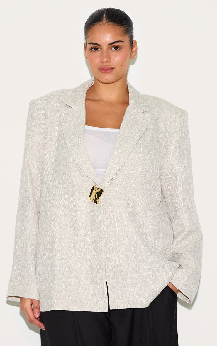 Plus Beige Button Detail Linen Boxy Blazer