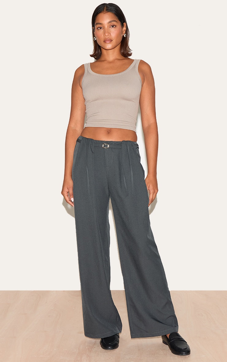 Slate Grey Woven Pleated Belt Detail Wide Leg Trousers