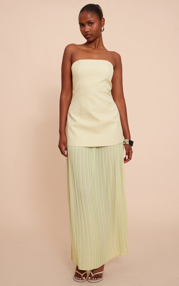 Sage Green Chiffon Pleated Skirt Panel Bandeau Maxi Dress