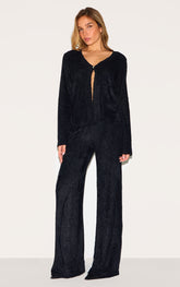 Black Textured Wide Leg Low Rise Trousers