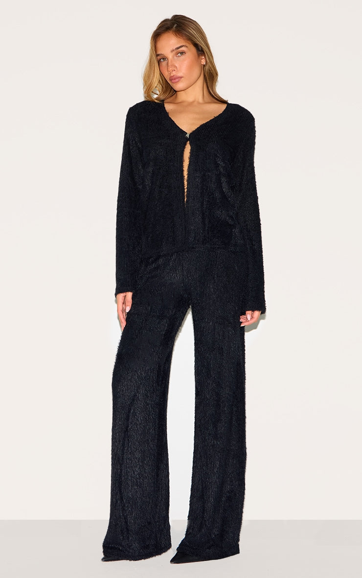 Black Textured Wide Leg Low Rise Trousers