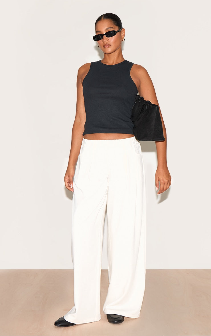 Cream Stretch Waistband Detail Tailored Trousers
