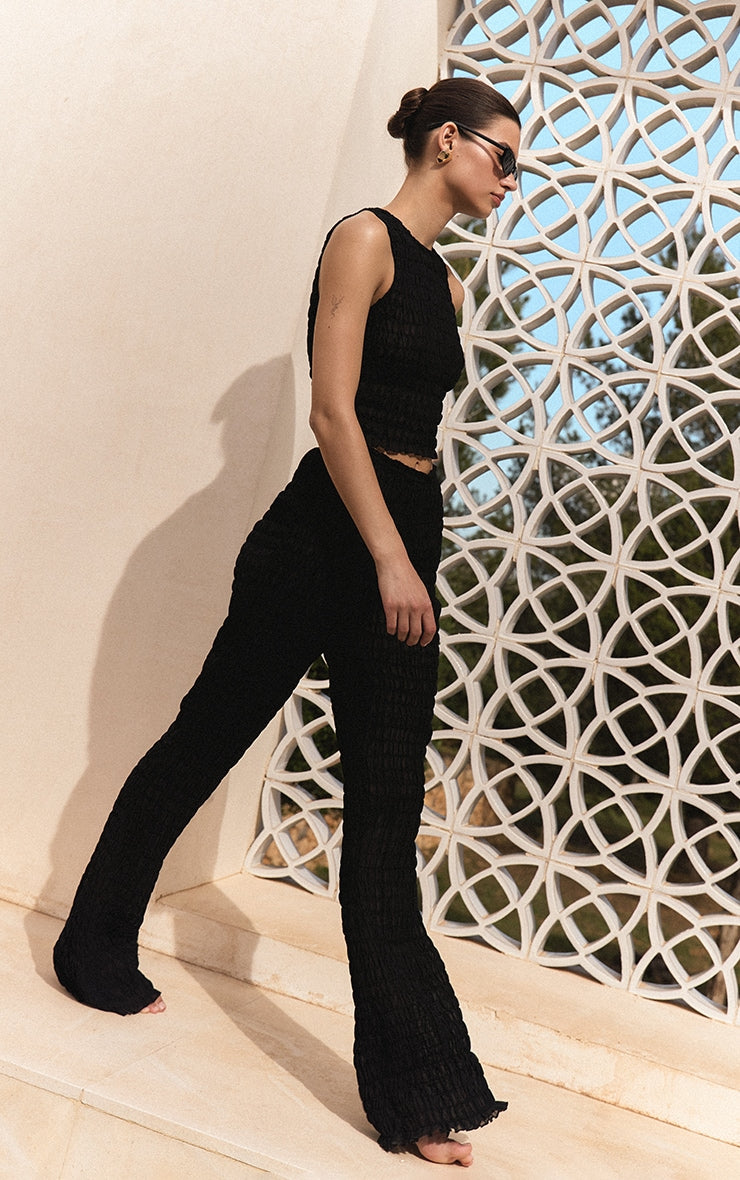 Black Shirred Chiffon Straight Leg Trousers