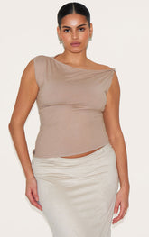 Plus Taupe Basic Knit Asymmtric Twist Sleeve Vest Top