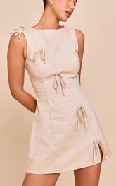 Almond Woven Asymmetric Bow Detail Shift Dress