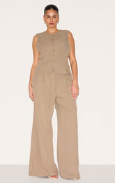 Plus Taupe Tailored Tie Detail Woven Wide Leg Trousers