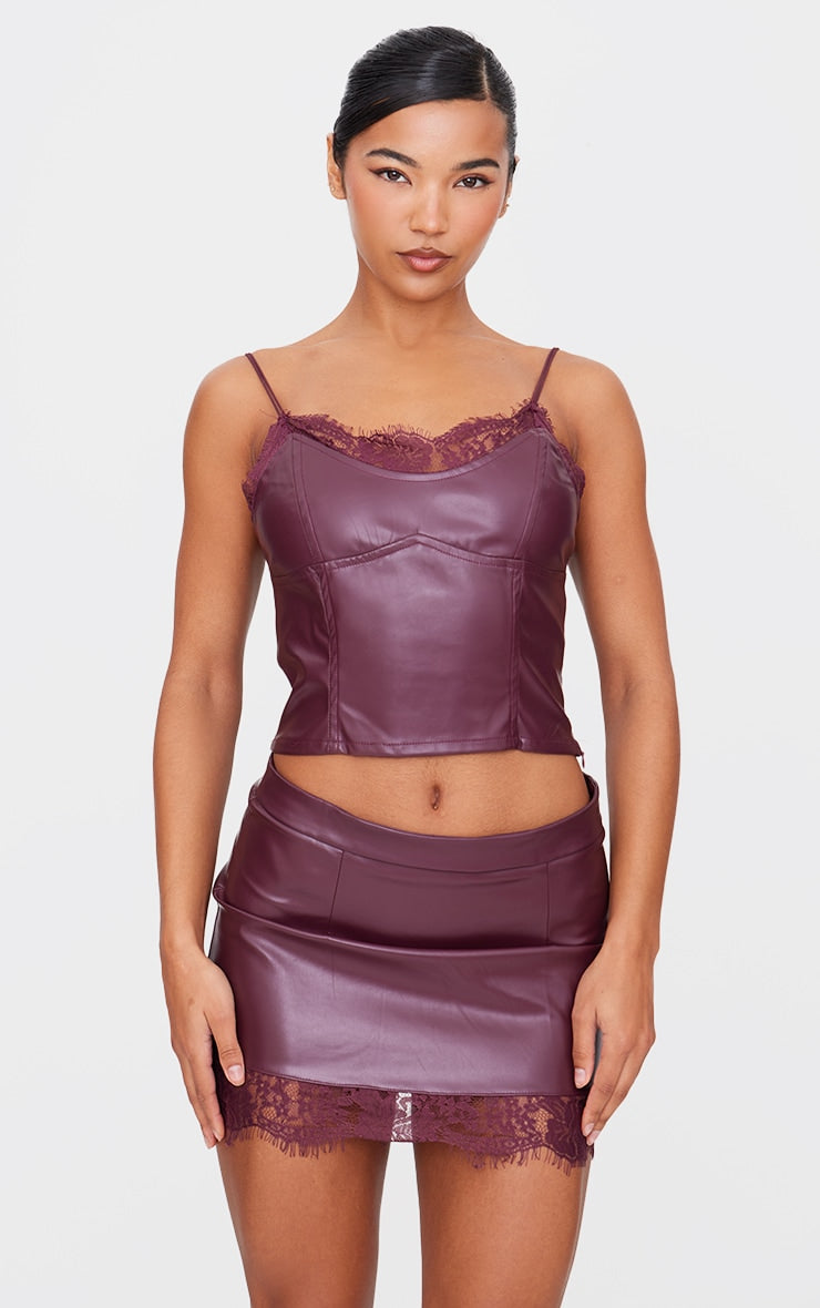 Burgundy Matte Faux Leather Lace Trim Cami Top