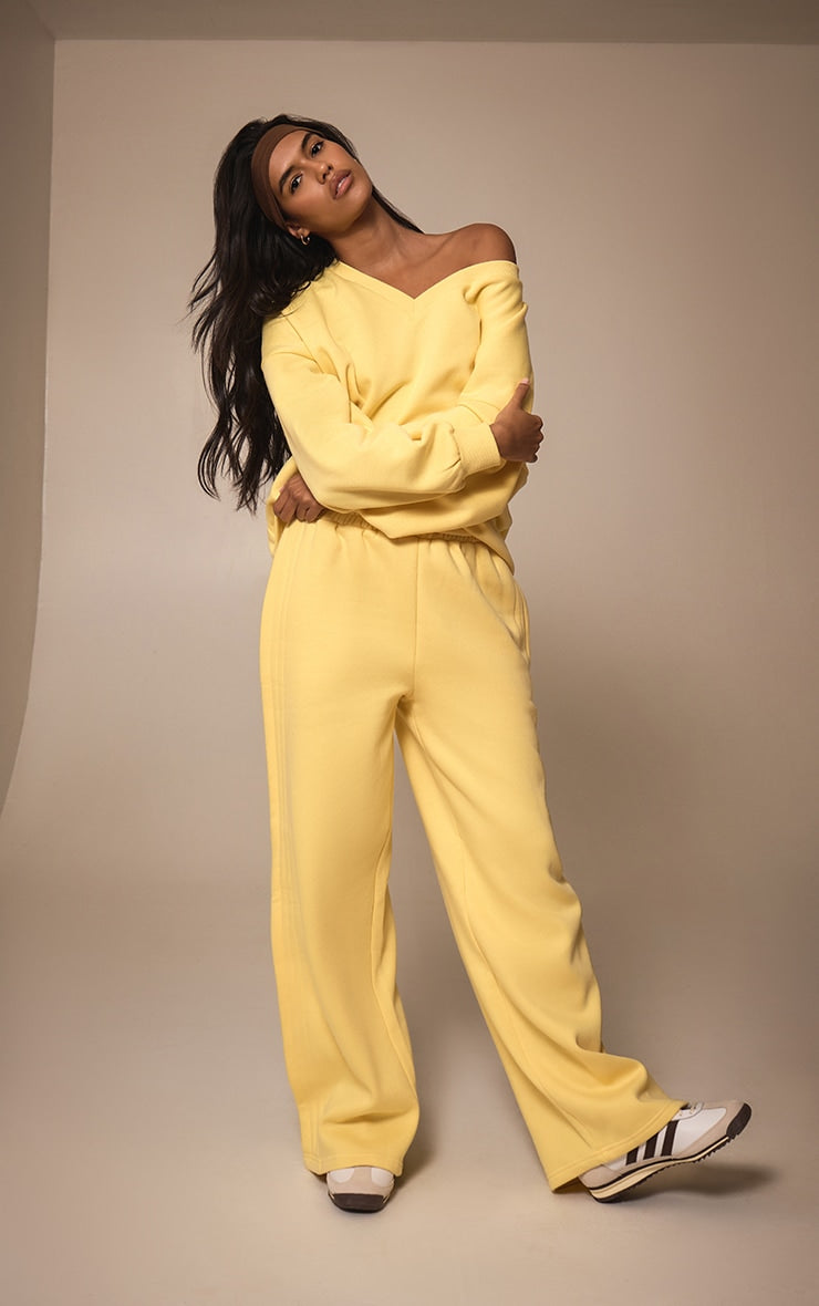 Butter Yellow Wide Leg Pleated Detail Joggers