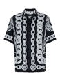 Versace Black and White Bowling Shirt with Cuban Collar and All-Over Chain-Link Print in Silk Man