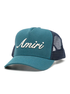 Amiri Script Embroidered Trucker Cap in Teal Green