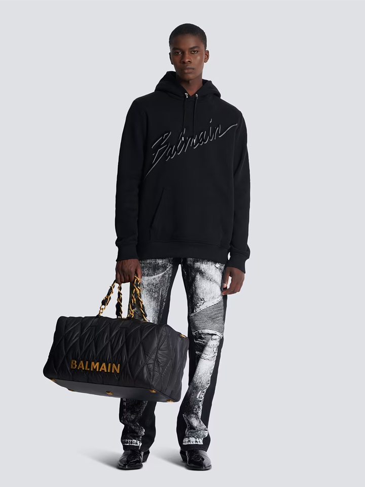 Balmain Flocked Script Logo Hoodie in Black