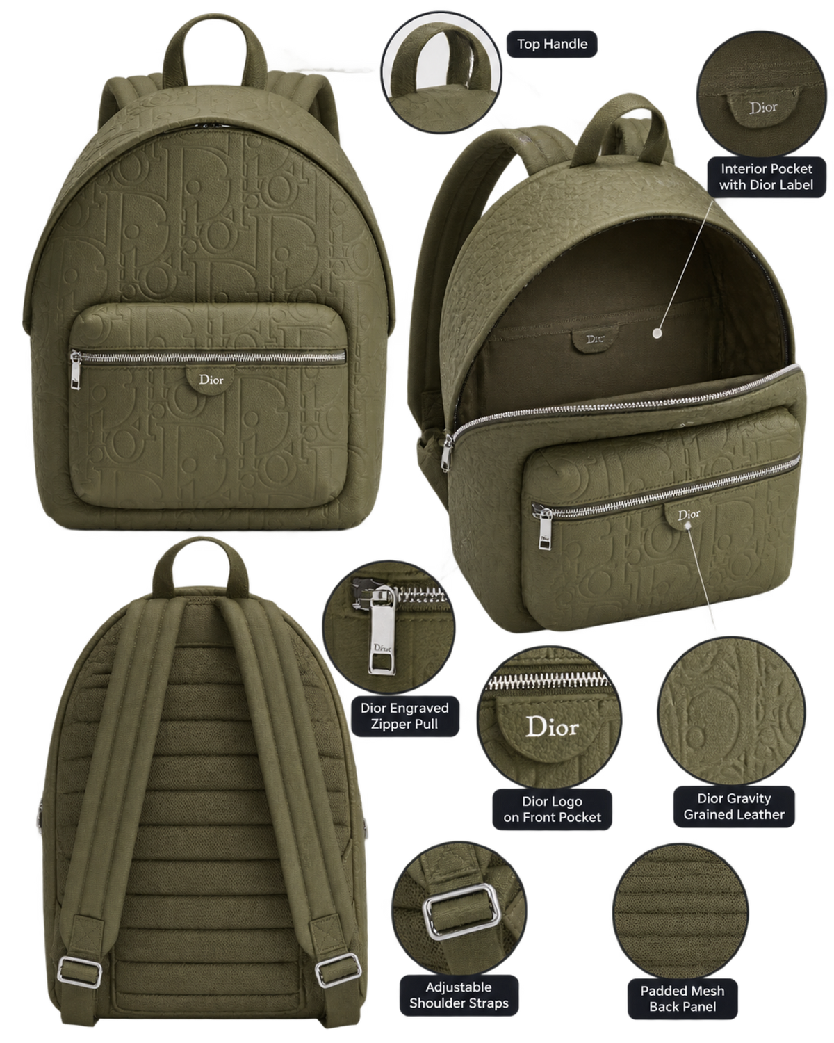 Dior Rider Zipped Backpack Khaki Dior Gravity Grained Leather