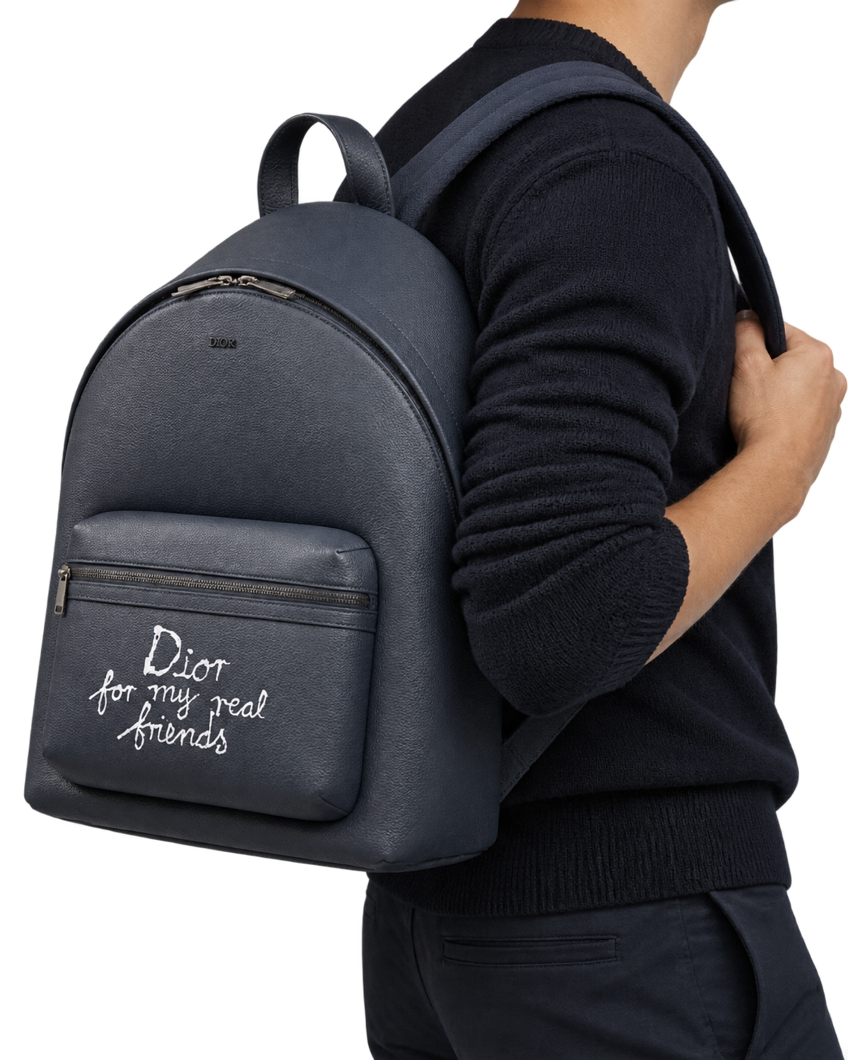 Dior x Hylton Nell Rider 2.0 Zip Backpack Grained Calfskin Print Navy Blue White