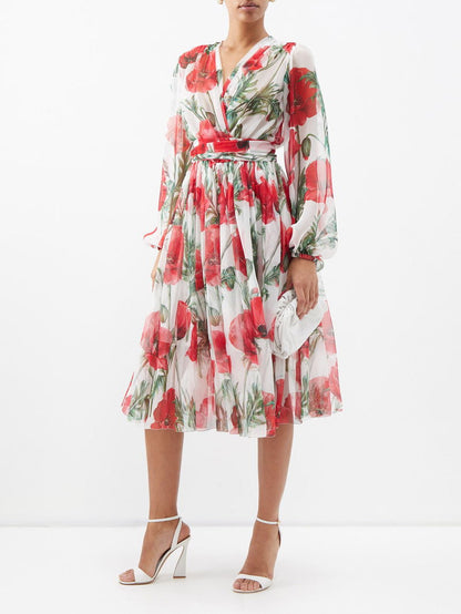 Happy Garden Poppy-Print Silk-Chiffon Midi Dress