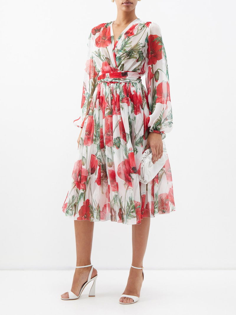 Happy Garden Poppy-Print Silk-Chiffon Midi Dress