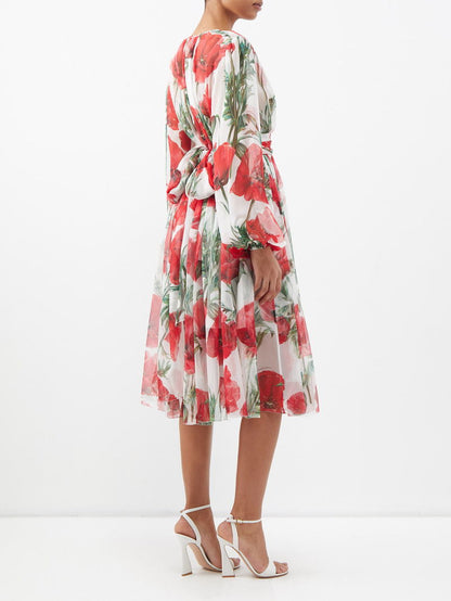 Happy Garden Poppy-Print Silk-Chiffon Midi Dress