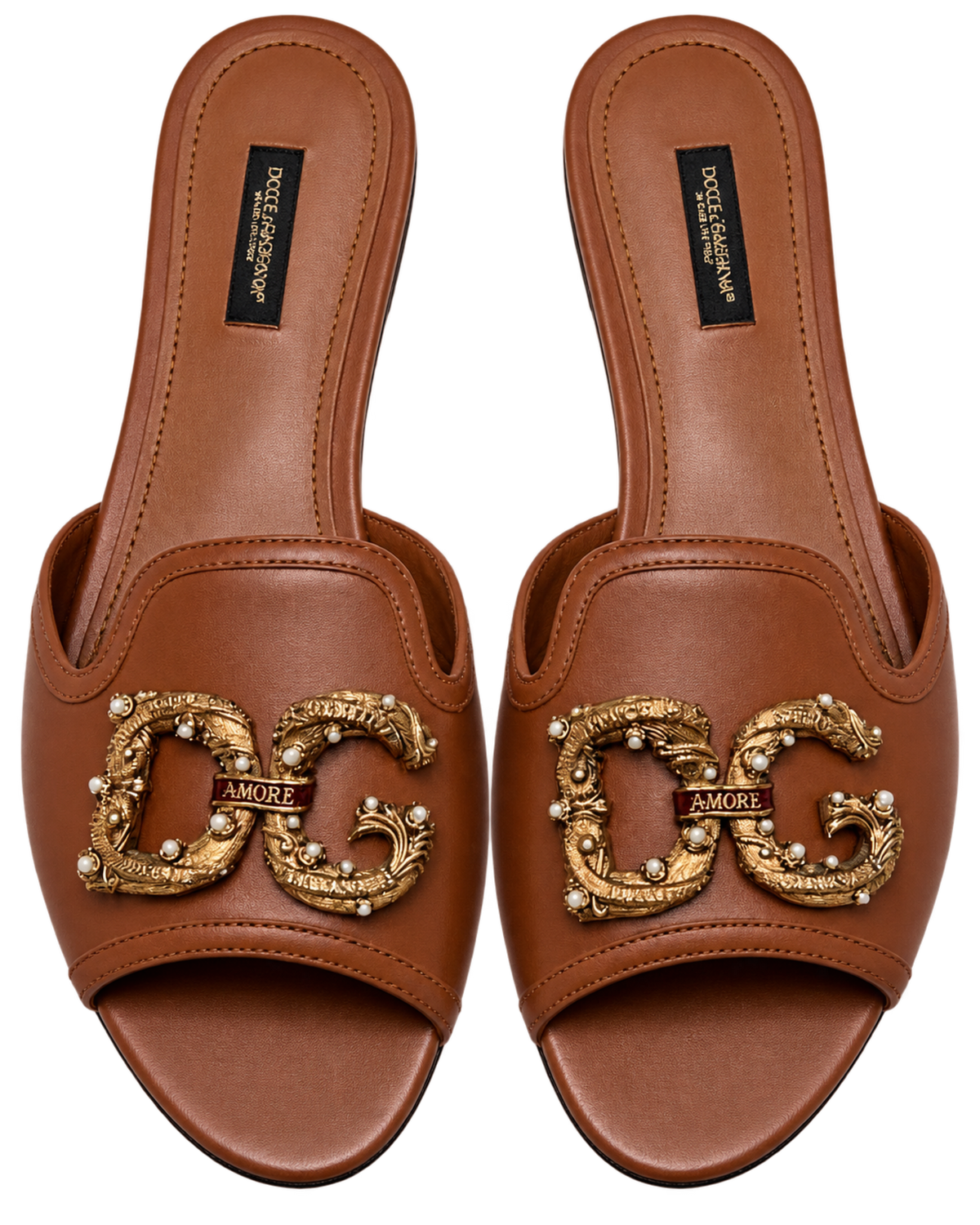 Dolce & Gabbana Brown Leather DG Amore Flat Slides