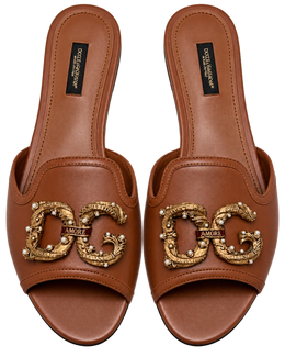 Dolce & Gabbana Brown Leather DG Amore Flat Slides