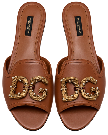 Dolce & Gabbana Brown Leather DG Amore Flat Slides