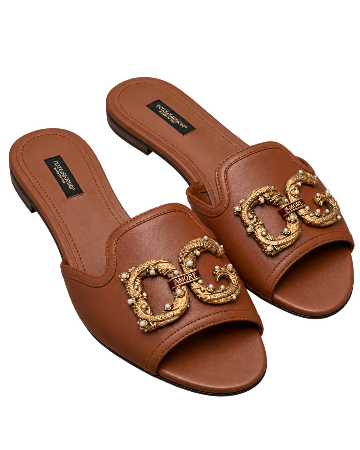 Dolce & Gabbana Brown Leather DG Amore Flat Slides