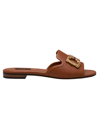 Dolce & Gabbana Brown Leather DG Amore Flat Slides