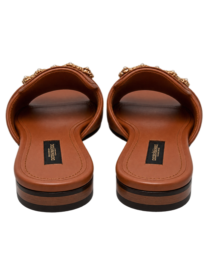 Dolce & Gabbana Brown Leather DG Amore Flat Slides