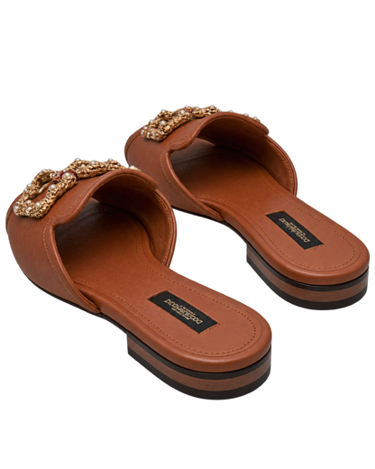 Dolce & Gabbana Brown Leather DG Amore Flat Slides
