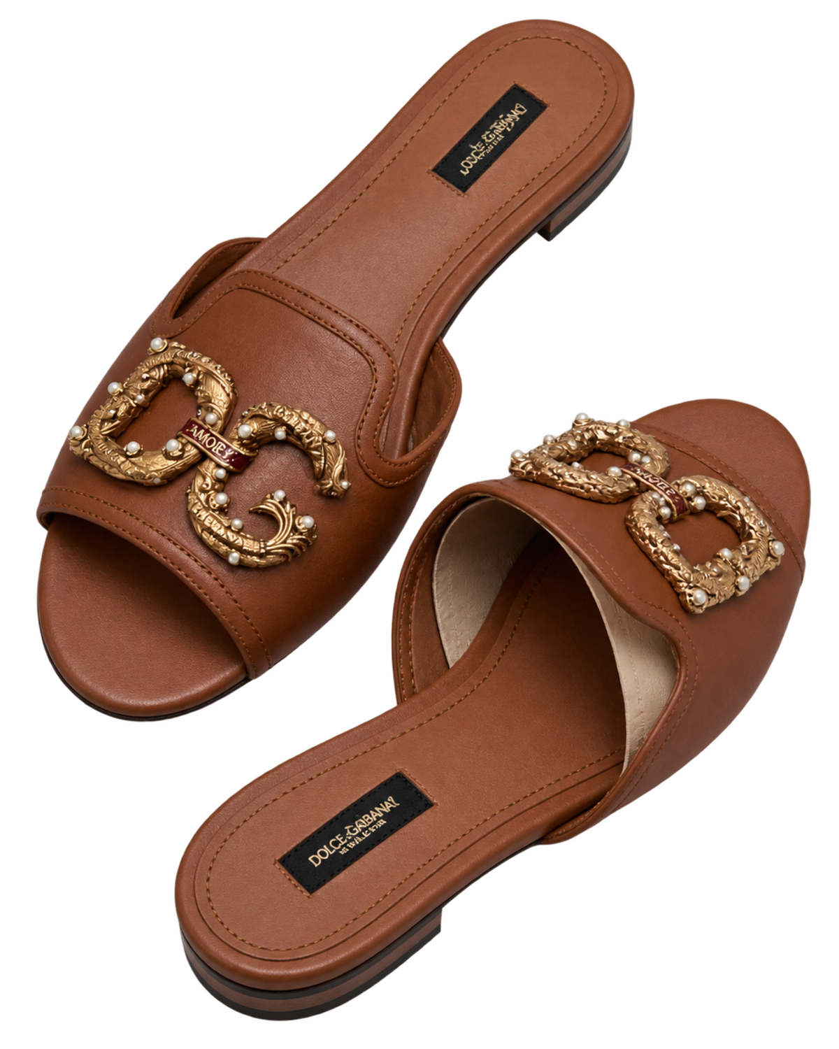 Dolce & Gabbana Brown Leather DG Amore Flat Slides