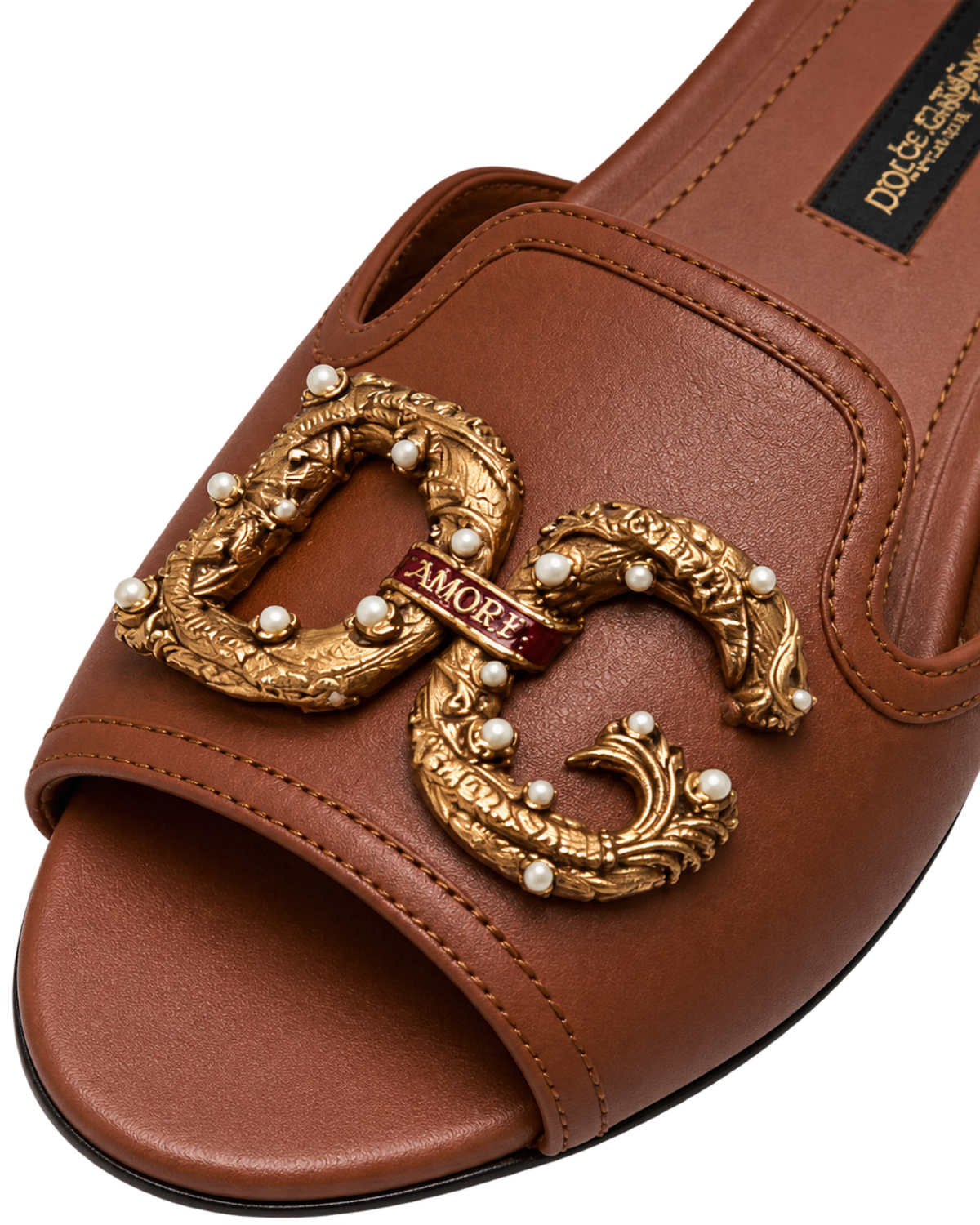 Dolce & Gabbana Brown Leather DG Amore Flat Slides