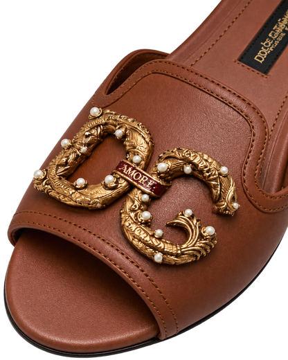 Dolce & Gabbana Brown Leather DG Amore Flat Slides