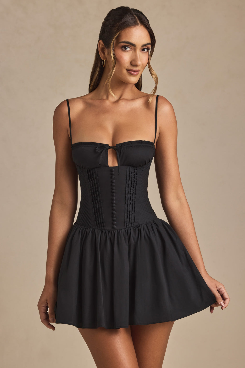 Pintucked Shirred Mini Dress in Black