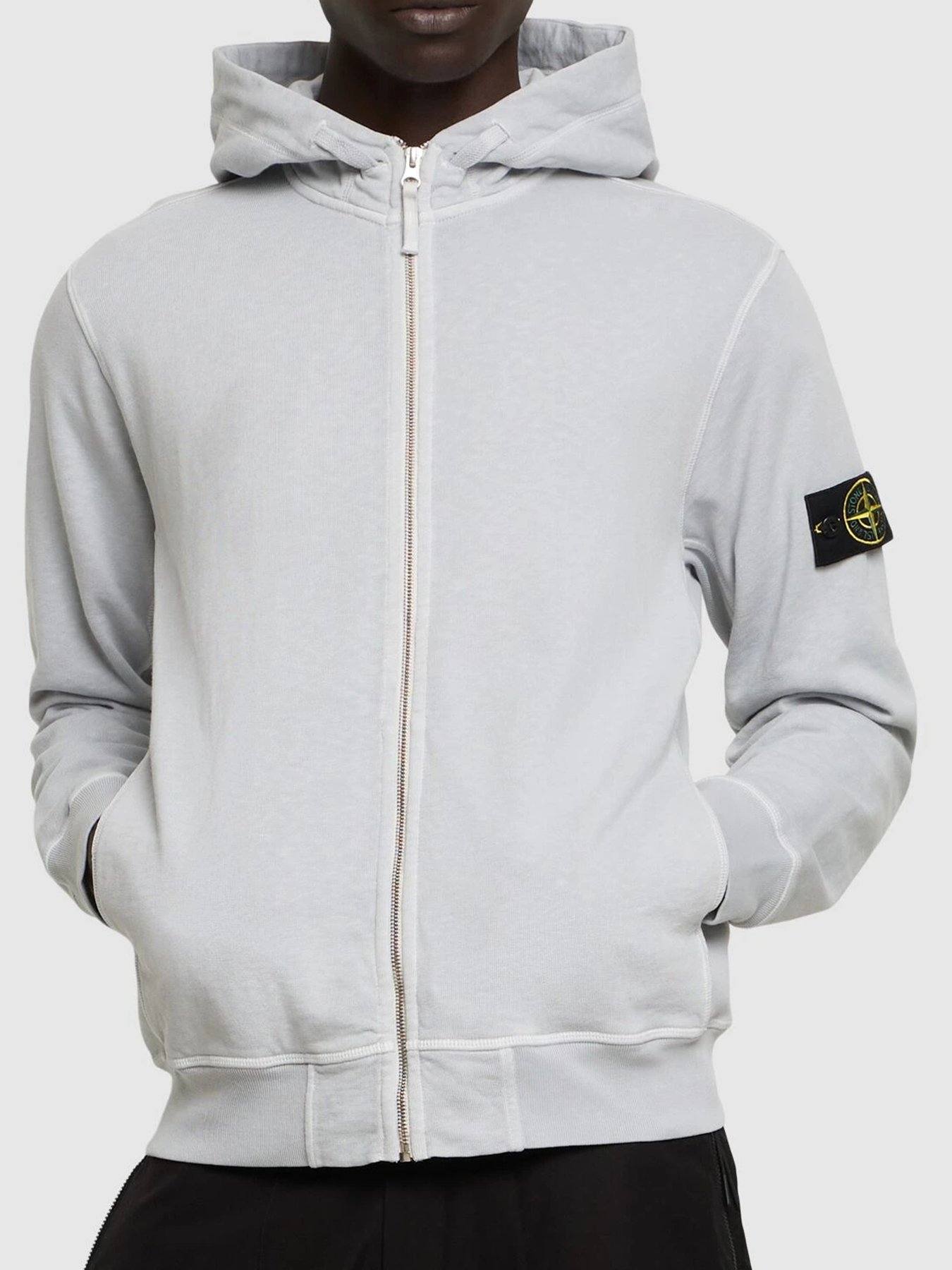 Stone Island Two-Slip Pockets Brand Patch Cotton Hoodie in Pearl Grey