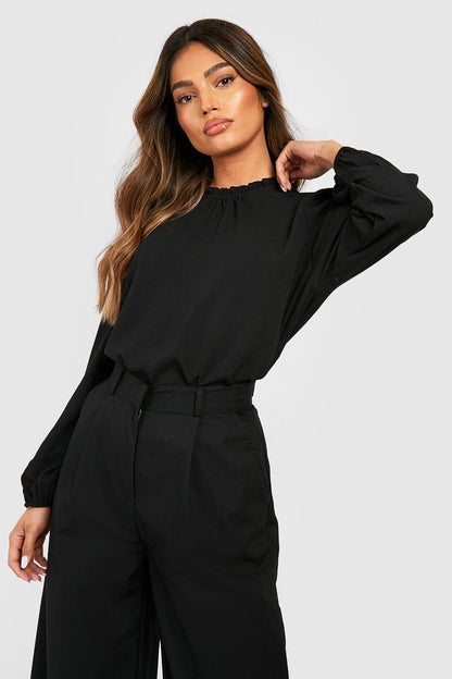 Frill Neck Long Sleeve Woven Blouse