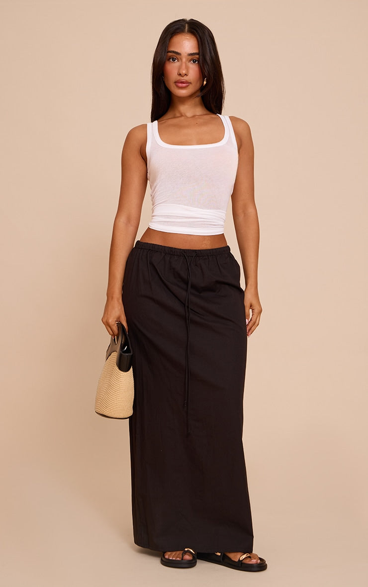 Petite Black Cotton Drawstring Tie Maxi Skirt