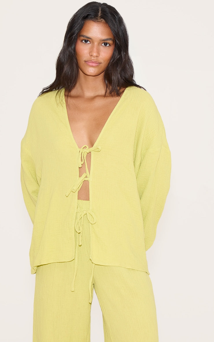 Chartreuse Cheesecloth Textured Tie Front Shirt