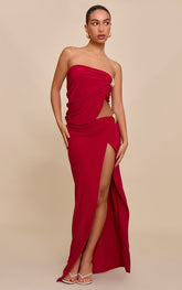 Tomato Red Double Layer Bandeau Trim Detail Maxi Skirt