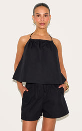 Petite Black Poplin Low Back Halterneck Top