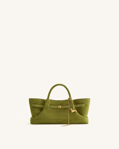 Maeve Dachshund Metal Charm Faux Suede Tote Bag - Blue