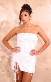 Cream Eyelash Detail Satin Bandeau Ruched Mini Dress