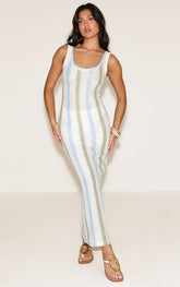 Blue Striped Textured Scoop Neck Maxi Dress