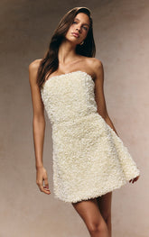 Cream Floral Textured Bandeau Mini Dress