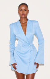 Light Blue Double Breasted Flute Sleeve Blazer Dress
