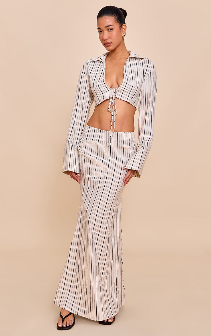 Sand Striped Linen-Blend Column Maxi Skirt