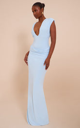Blue Double Layer Plunge Ruched Shoulder Drape Waist Maxi Dress