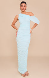 Aqua Blue Mesh Overlay One Shoulder Ruched Maxi Dress
